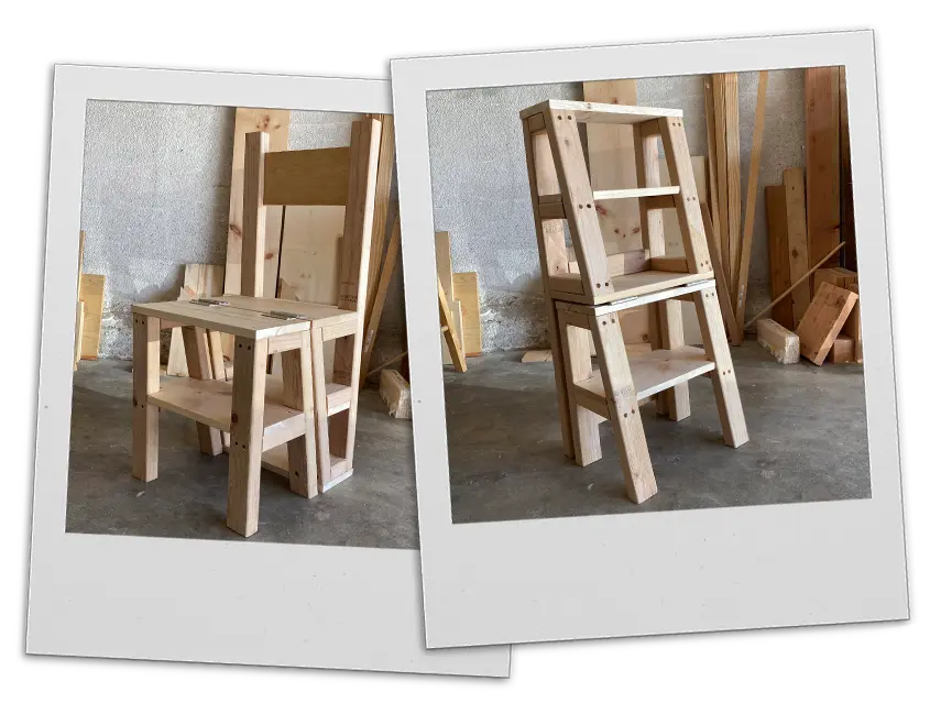Two Polaroid photos. A wooden chair, and the same chair transformed into a stepladder.