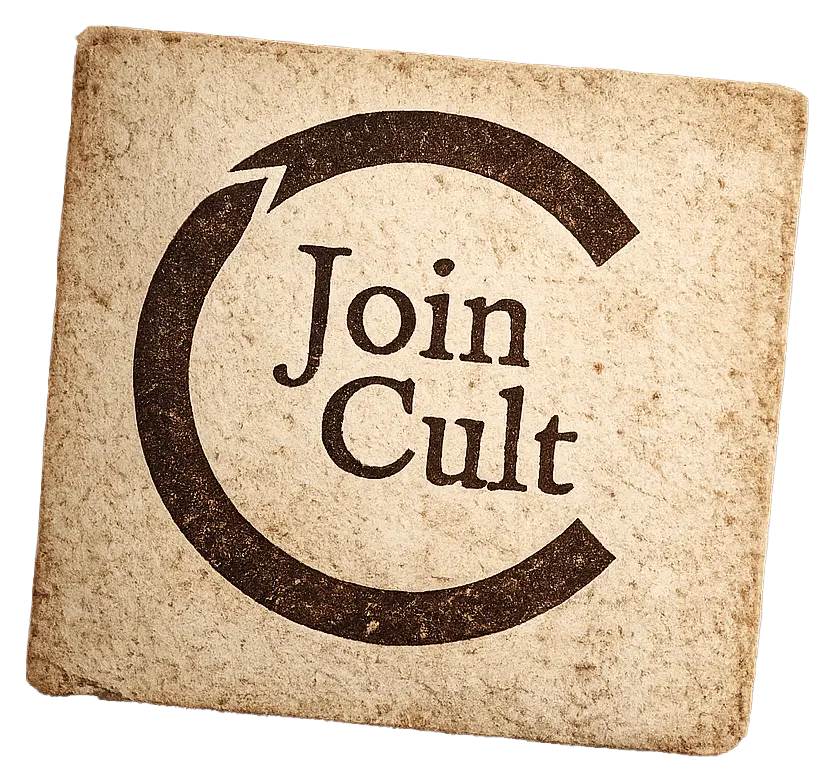 A symbol of the letter C with the words “Join Cult” inside. It represents a snake eating its tail, severed.