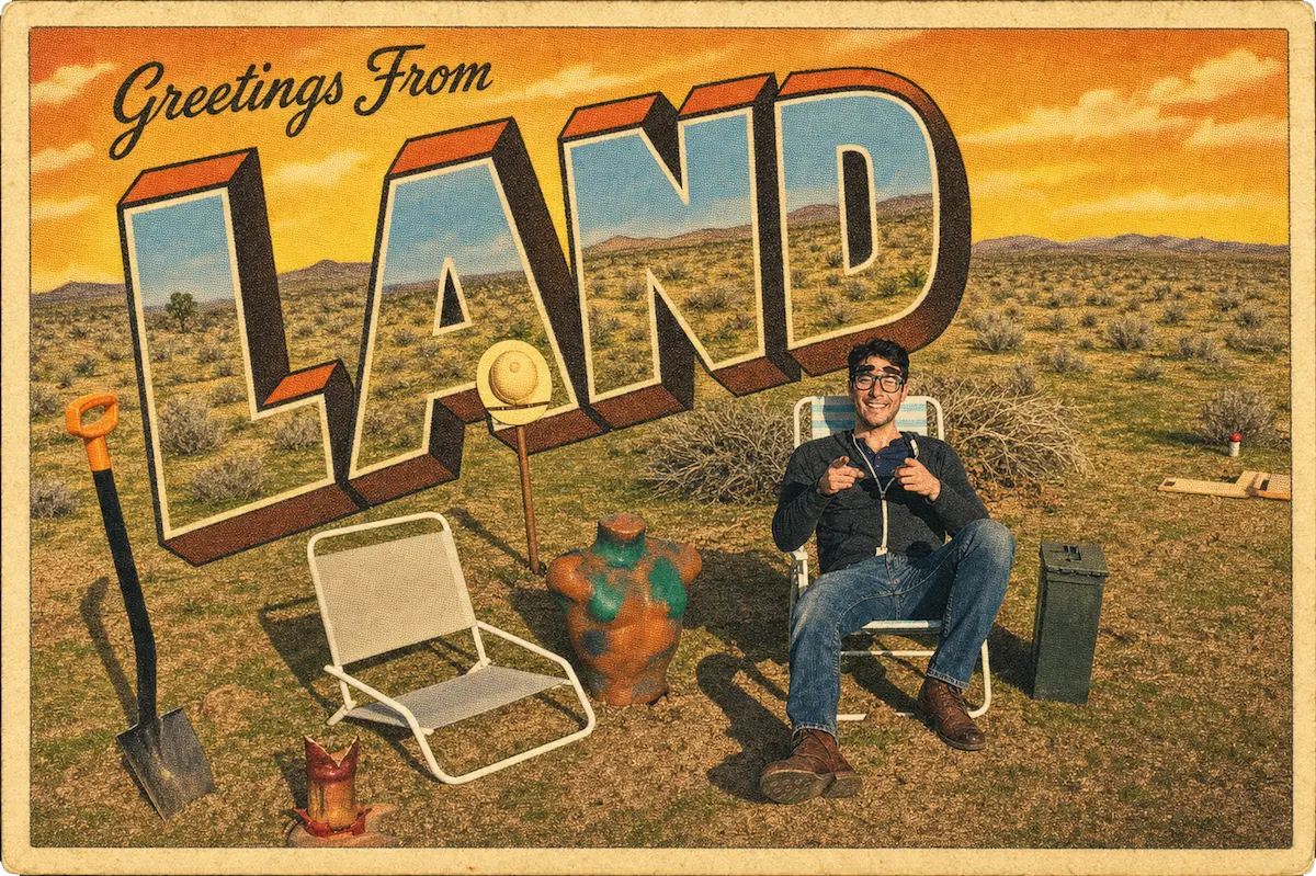 A postcard reading “greetings from Land.”