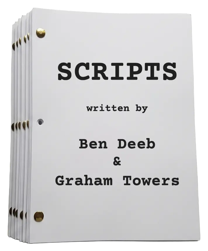 A stack of screenplays with the words “Scripts by Ben Deeb & Graham Towers” printed on top.